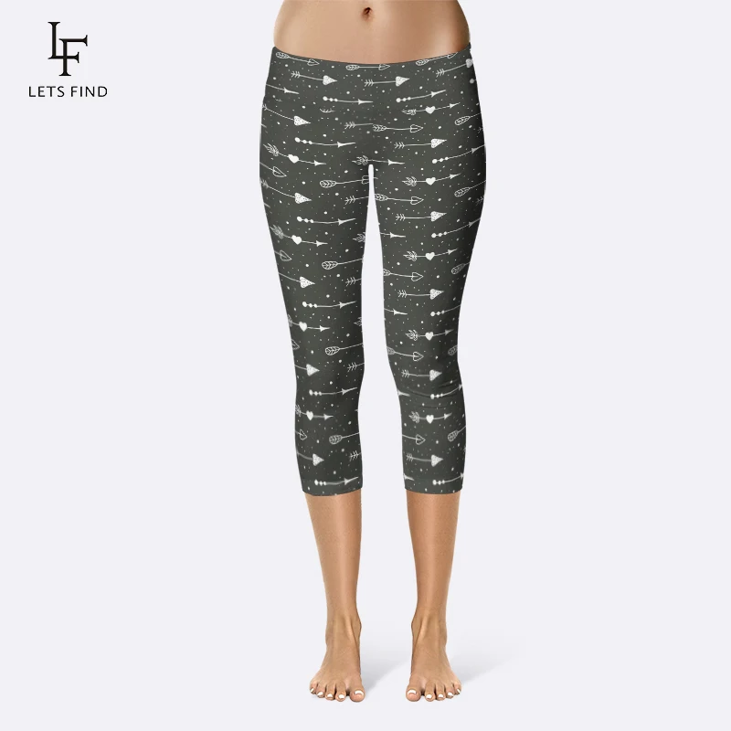 

LETSFIND 2019 Women High Quality Capris High Waisted Printing Fitness Leggings Casual Mid-Calf 3/4 Black Pants Summer