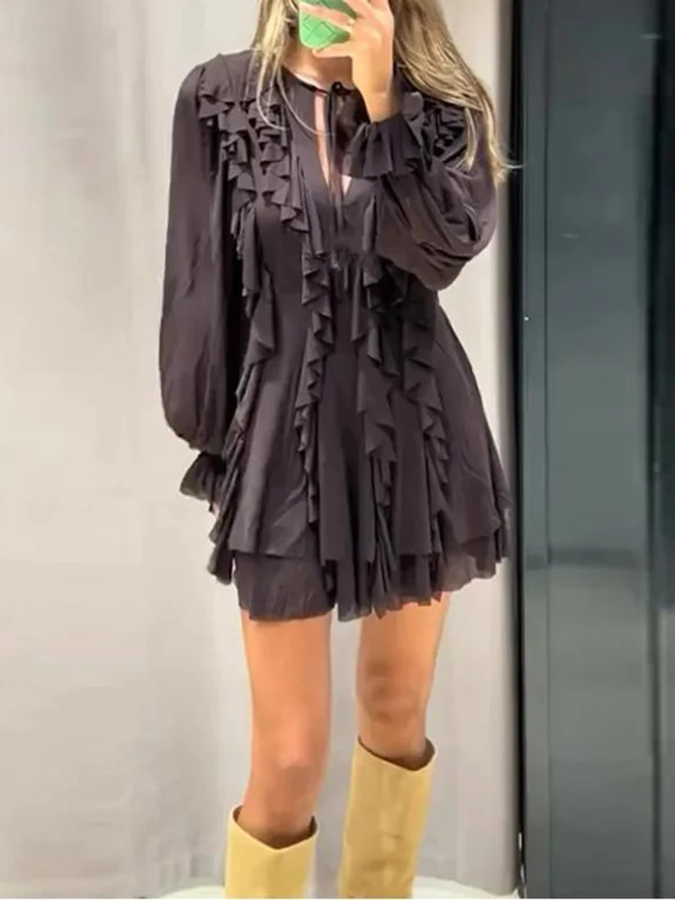 Stilvolles Damen-Minikleid in Braun mit Rüschen und Laternenärmeln, A-Linie, V-Ausschnitt, lockeres Langarm-Partykleid, koreanische Mode für den Sommer