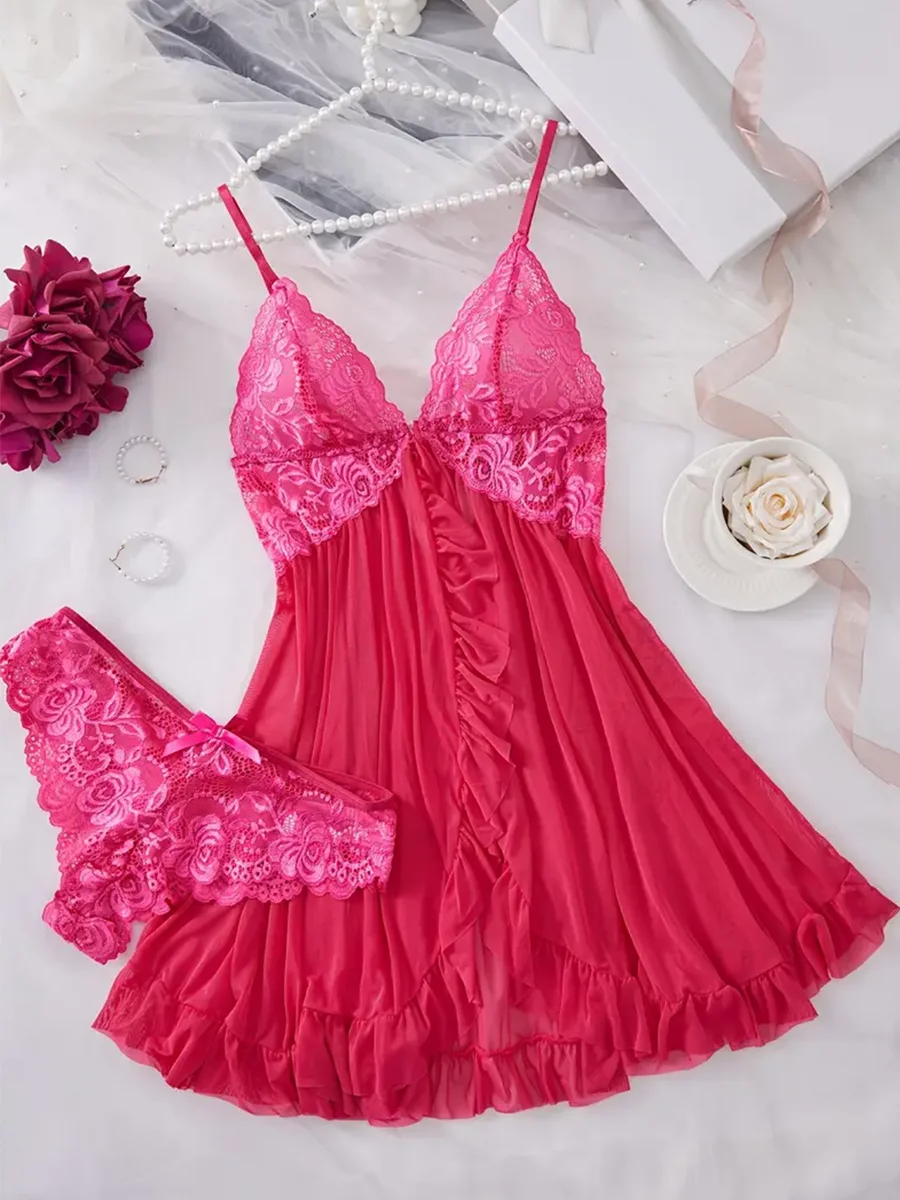 Sous-vêtements pour femmes, ensemble de Lingerie Sexy, soutien-gorge érotique, chemise de nuit, vêtements de nuit en dentelle, couleur unie, Slim, robes douces, vêtements de nuit et robes érotiques