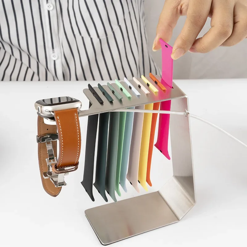 Premium Metal Apple Watch Stand with Storage Strap for Organization Smart Watch Charging Bracket Easy Replace Strap Space Saving