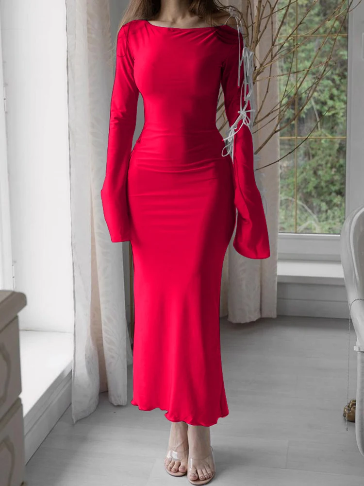 Sexy Diagonal Neck Flare Long Sleeve Bow Lace-up Dress For Women Bodycon Elegant Party Club Evening Dress Slim Vesidos