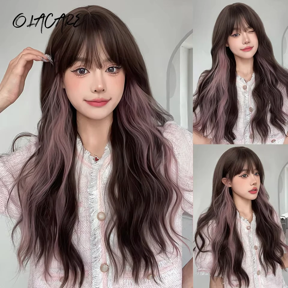 Brown Pink Synthetic Wig for Women Cosplay Heat Resistant