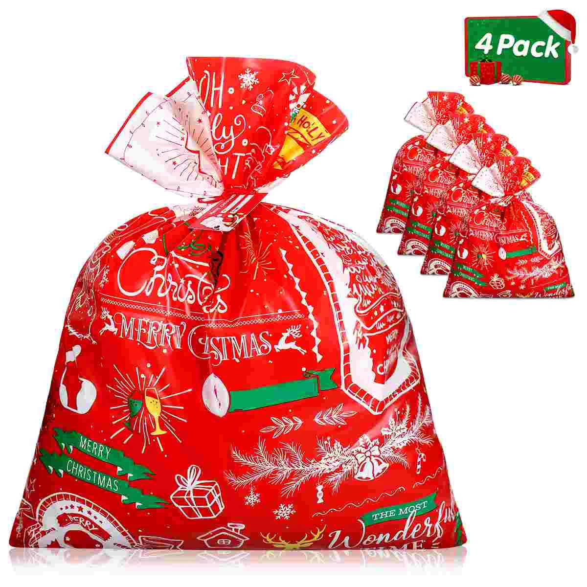 

Cabilock 4pcs Christmas Gift Bags Large Festive Xmas Goody Bags with 4 Gift Cards and 4 Tie Ropes Christmas Wrapping Bags