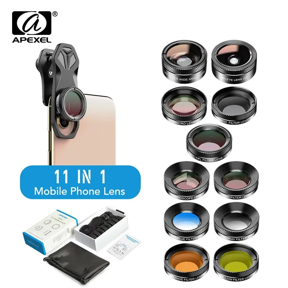APEXEL 11 in 1 Phone Camera Lens Kit Fisheye Wide Lens Full Colorgrad Filter CPL ND Star Filter for iPhone Xiaomi All Smartphone