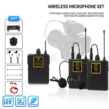 전문가용 UHF 무선 라발리에 마이크, 오디오 모니터 기능, DSLR 카메라 인터뷰용 마이크, 2 채널 80m 범위