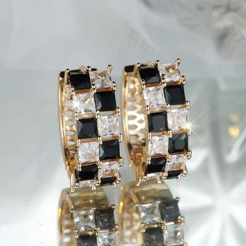 Luxury Small White Black Round Zircon Stone Hoop Earrings For Women Vintage Female Fashion Gold Color Wedding Jewelry