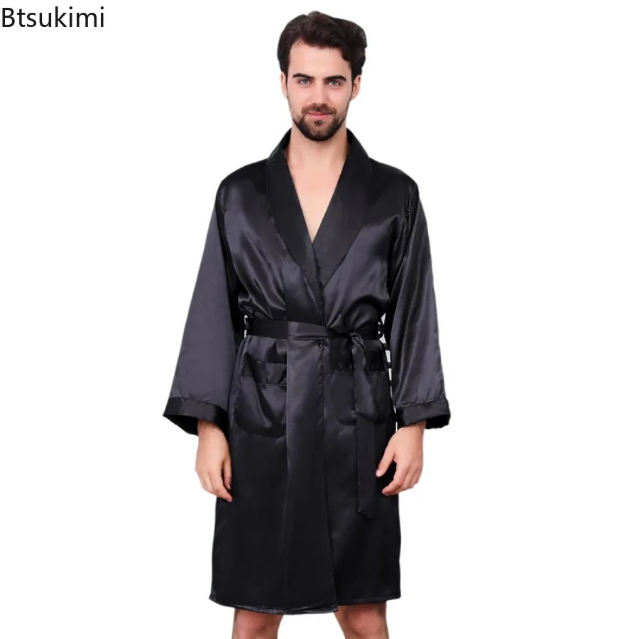 2024 New Men's Thin Pajamas Robes Bathrobe Black Lounge Silk Satin Nightwear for Men Comfort Noble Dressing Gown Male Homewear