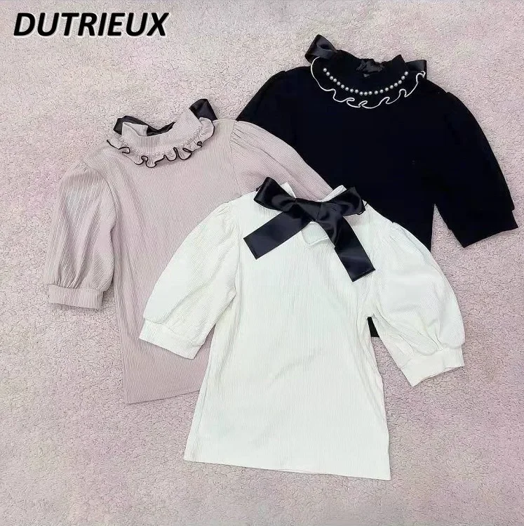 

Japanese Style Sweet Lady Pullover Lace-up Bow Beaded Puff Short Sleeve T-shirt Slim Fit Slimming Bottoming Top for Women