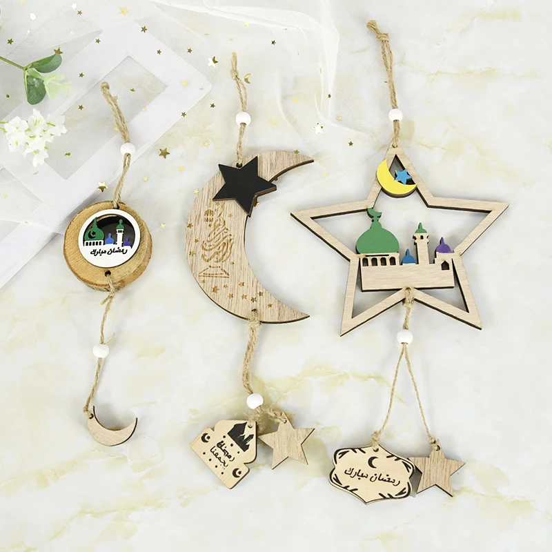 

Eid Mubarak Wooden Moon Star Shaped Pendant Hanging Ornament for Home Islamic Muslim Party Wood Crafts Ramadan Kareem Decoration
