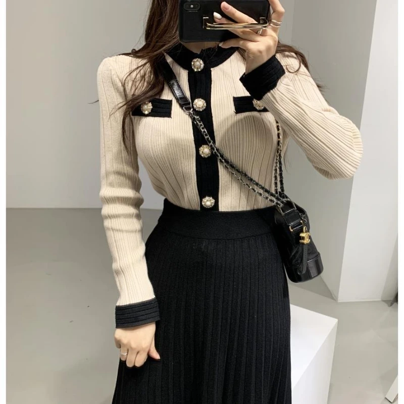 

Women's Knitted Suit Long Sleeve Single Breasted Cardigan Sweater and A-line Midi Skirt Ladies Two Piece Set Outfits G669