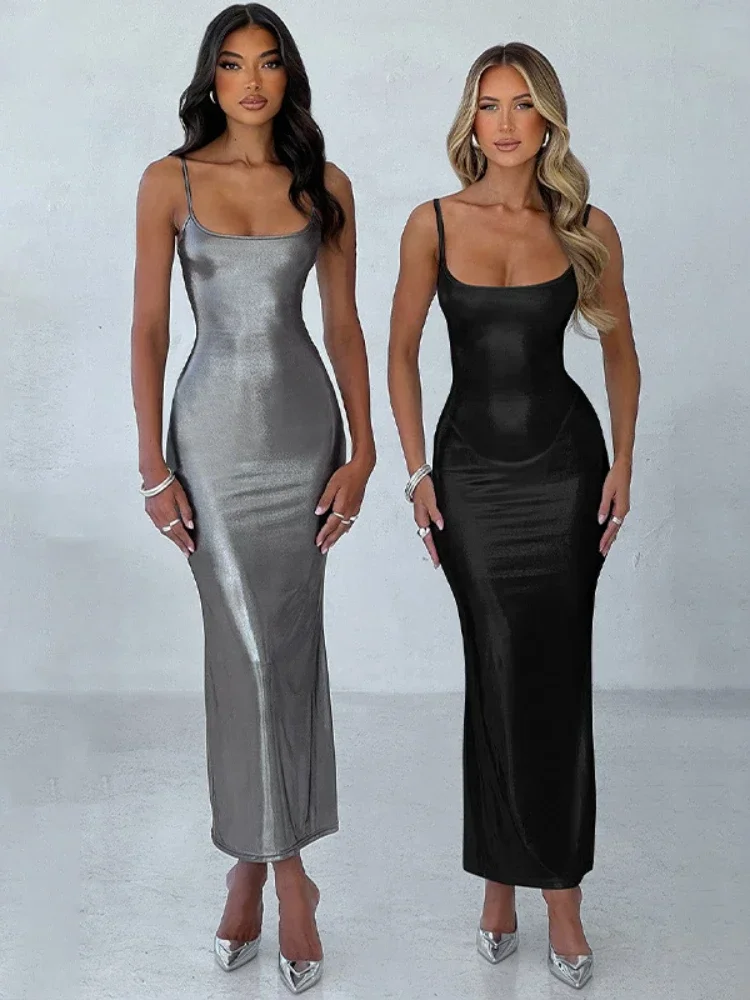 

Backless Sexy Bodycon Dress Spaghetti Strap Sleeveless See Through Autumn Dress y2k Elegant Party Evening Maxi Dresses for Women