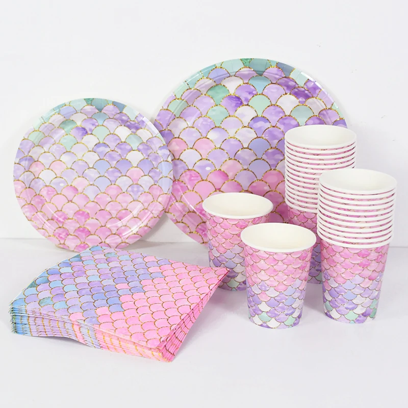 Little Mermaid Party Disposable Tableware Set Paper Plate Cup for Girl Kids Mermaid Birthday Decoration Supplies Under the sea Party Decorations Party Supplies Birthday Party Supplies Disposable Tableware Paper Napkins Party Tableware Set