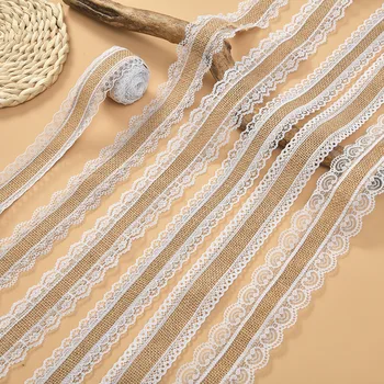Nastro di juta naturale da 2/5 metri con pizzo bianco, stile vintage rustico, per lavori fai-da-te, fiocchi, confezioni regalo e decorazioni per matrimoni.