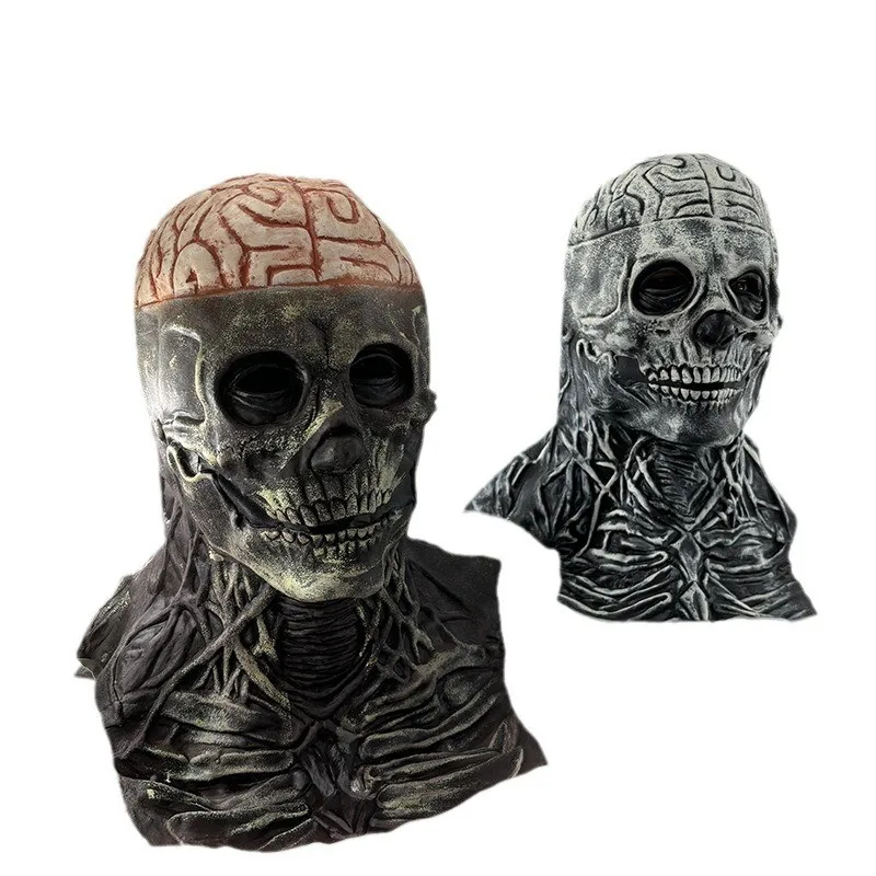 Skull Latex Mask Horror Brain Mask with Black Hat For Halloween Party Masquerade Costume, Halloween Show Props Funny Face halloween mask props