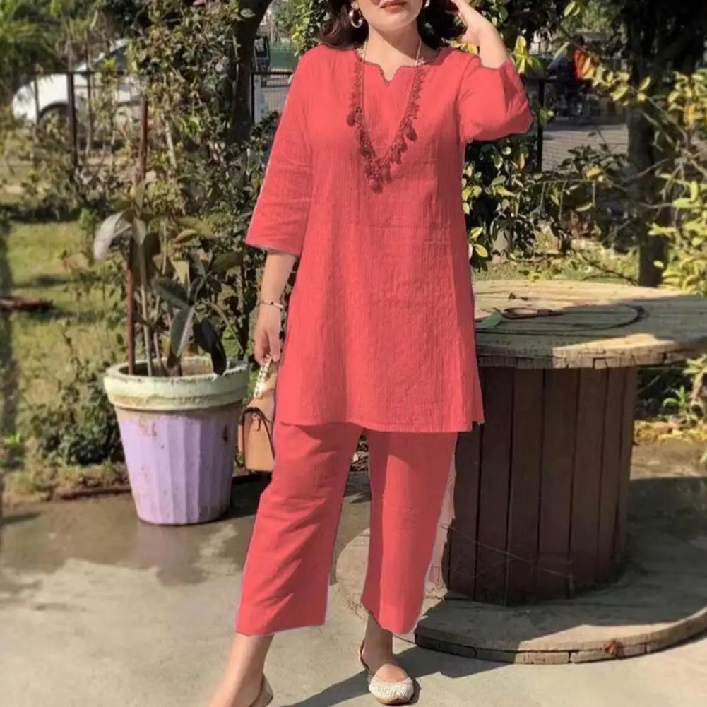 1 Set Two Pieces Set pant sets V-Neck Lady Summer Suit Casual Tee Shirt Long Pants sets for women 2 pieces