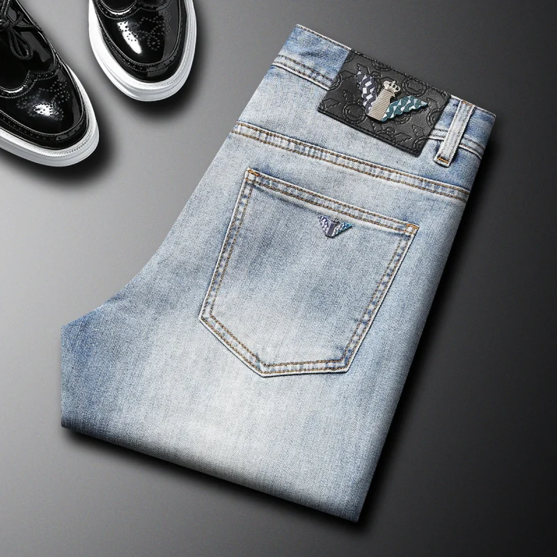 Spring and summer light luxury jeans men's fashion trend high-end stretch slim fit small straight denim long pants