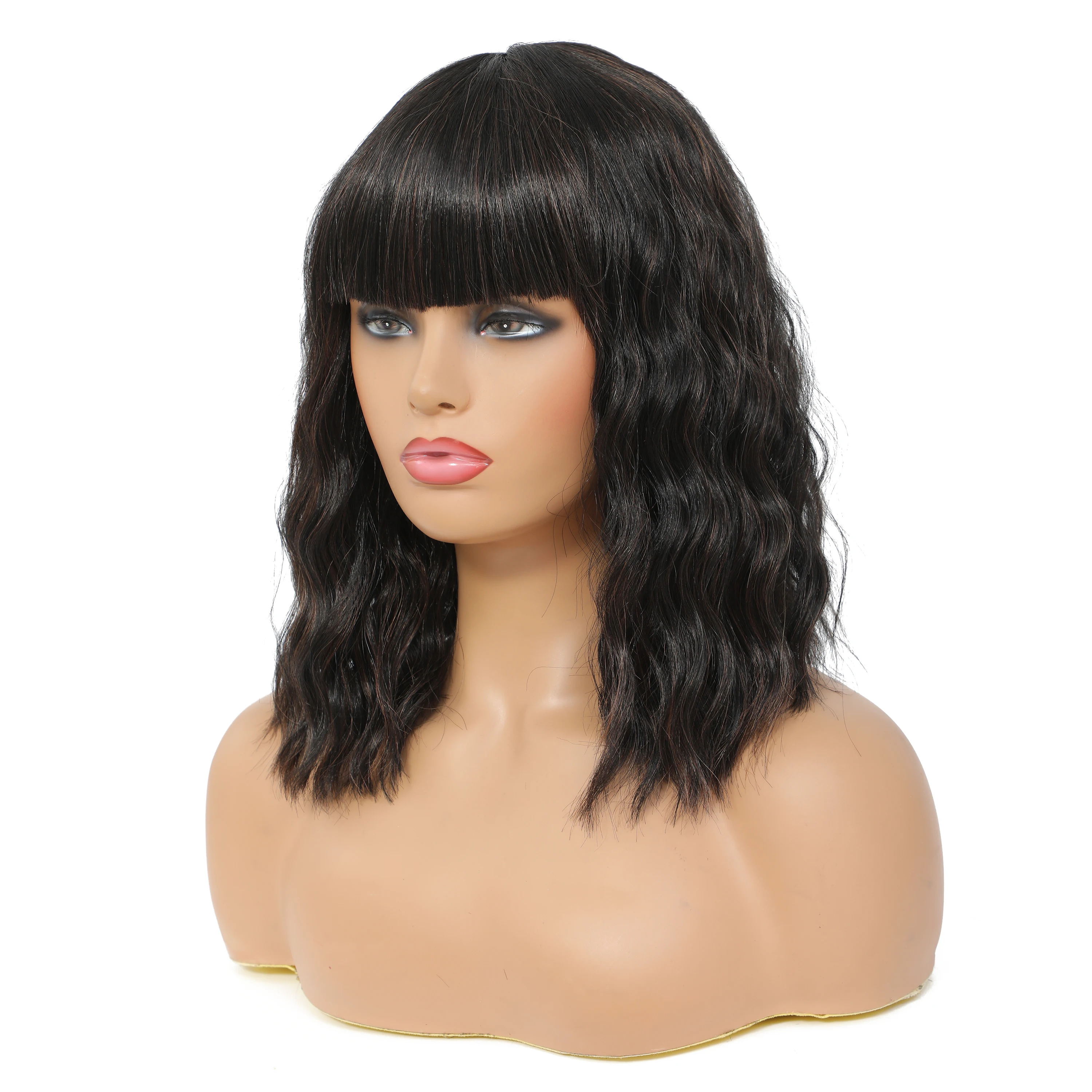 Wavy Synthetic Wig With Bangs Short Bob Pink Wigs Curly Wavy Shoulder Length Cosplay Wig Daily Colorful Wig