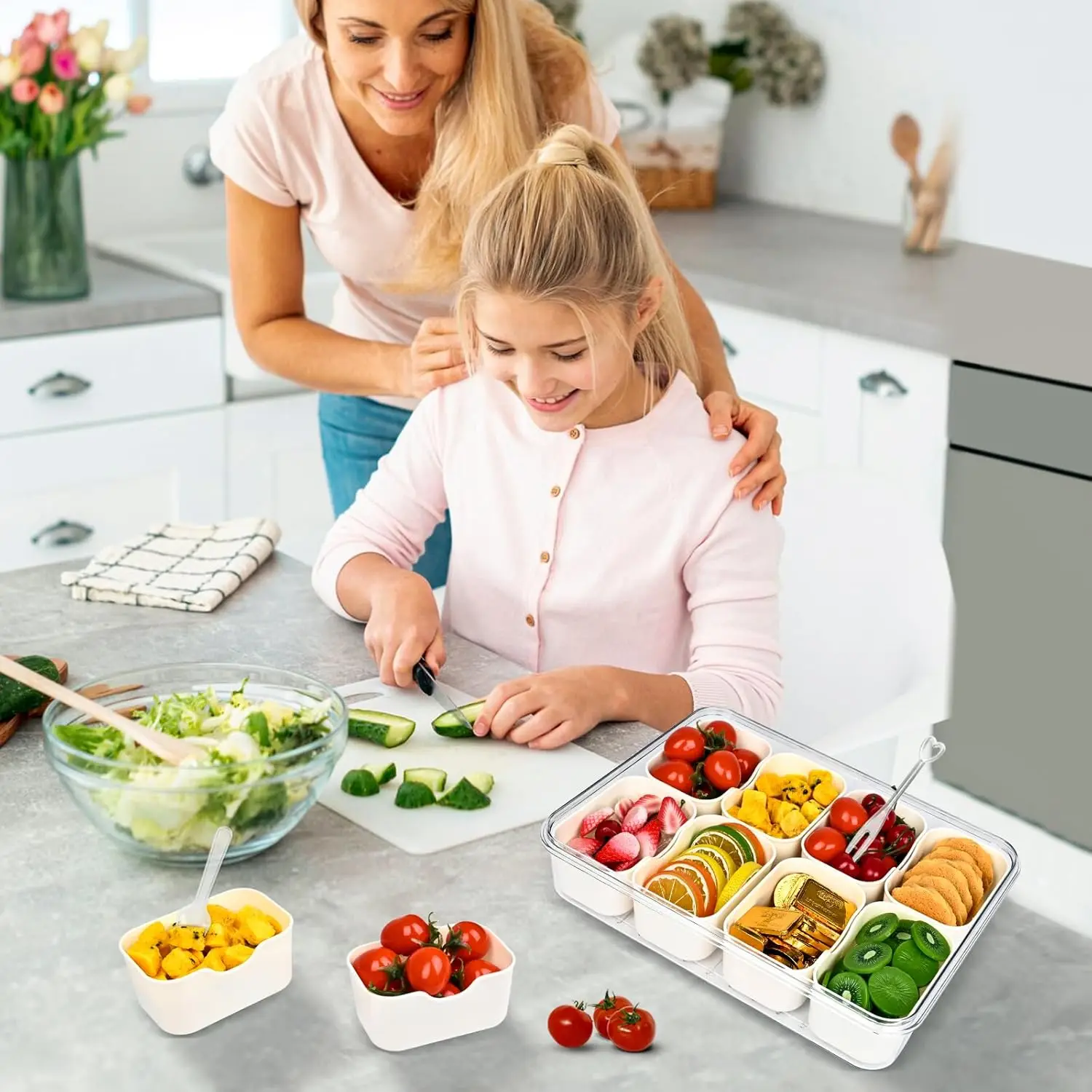 Portable Snackle Box Container  Divided Serving Tray with Lid and Handle Clear Snack Box Organizer for Fruits Candy, Snacks 4