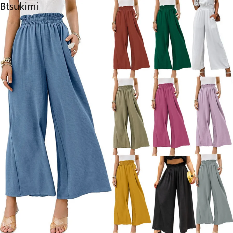 

2023 Spring Summer Women Cotton Linen Casual Pants Solid Fungus Edge High Waist Women's Trousers Nine-point Pants Wide-leg Pants