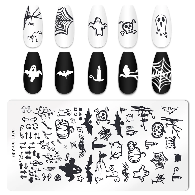 Halloween Nail Art Stamping Plate Drawing Template Pumpkin Heart Wave Line Ghost spider Bat Image Stencil Nail Printing Tools 2