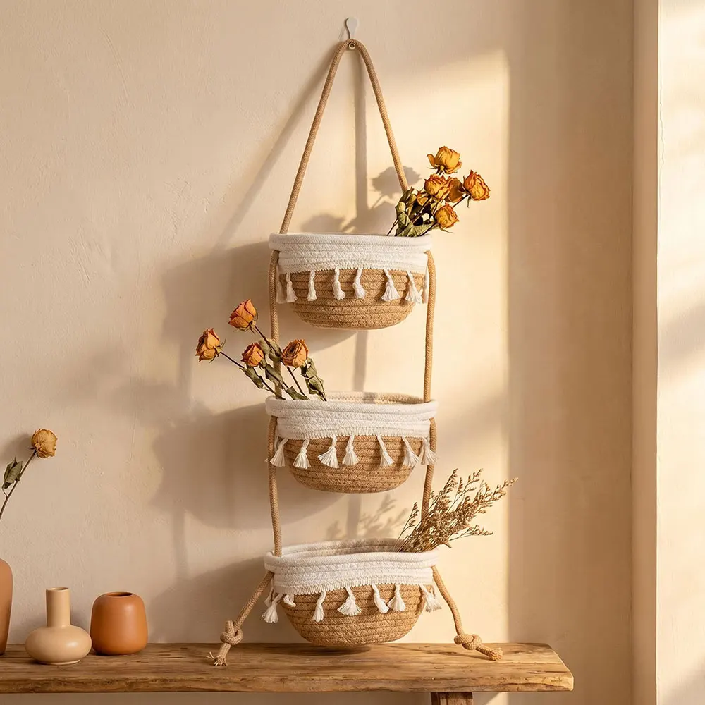 3-Tier Hand woven Cotton Hanging Baskets Wall-Mounted Storage Basket for Bathroom Kitchen Storage Hanging Bag Bedroom Decorative 1