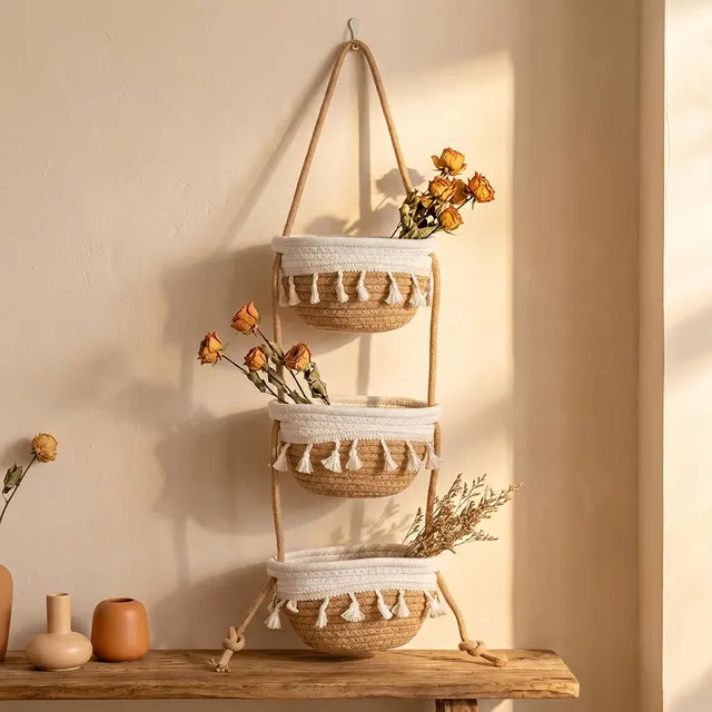 3-Tier Hand woven Cotton Hanging Baskets Wall-Mounted Storage Basket for Bathroom Kitchen Storage Hanging Bag Bedroom Decorative 1