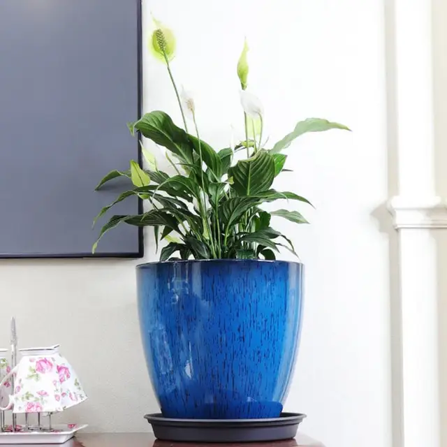 28cm Height Deep Flower Pot Imitation Ceramic Resin Monstera Planter Saucer For Indoor Outdoor Plants Home Garden Office Decor 4