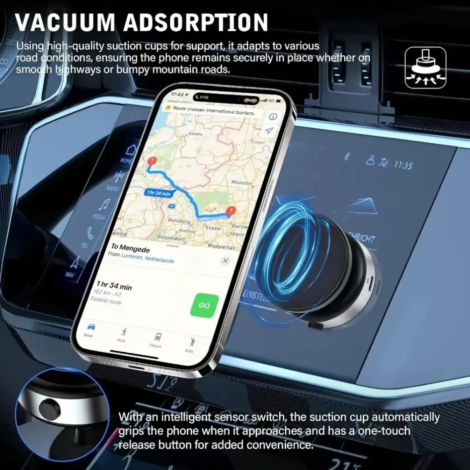 Car Center Console Wireless Charger Magnetic Vacuum Suction Cup Phone Holder for Magsafe iPhone 16 15 14 13 Fast Charging Stand