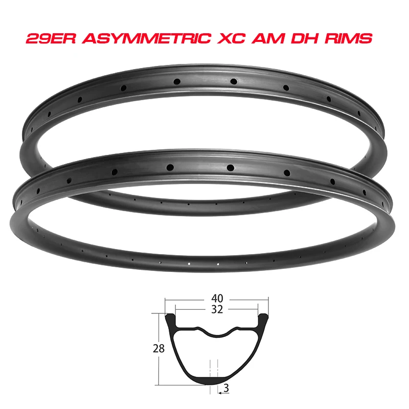 

29er MTB Bike Asymmetric XC AM Carbon Rims Tubeless 40mm Width 29mm Depth Mountain Bicycle Wheel Downhill UD 3K 12K Matte Glossy
