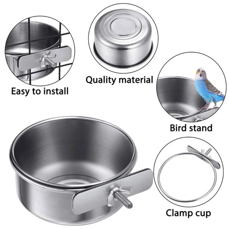 Parrot Feeder Bird Feeder Parrot Feeding Bowl Parrot Feeding Cups Bird Feeder Dish Removable Stainless Steel Food Bowls with Clamp Holder for Cage for Small Animals