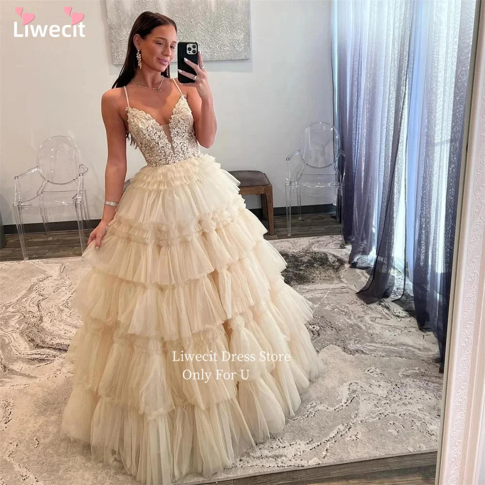 

Liwecit Spaghetti Strap Appliques Prom Dresses Tiered Ruffled A-line Evening Dress Sleeveless Lace-up Tulle vestidos de fiesta