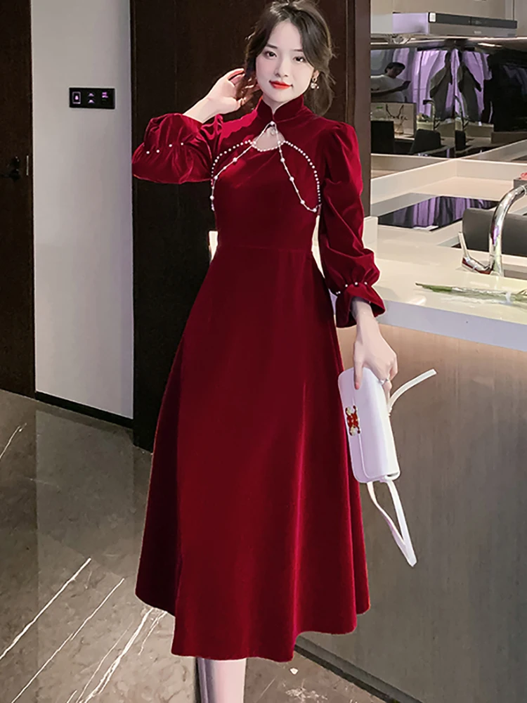 Autumn Winter Red Velvet Thick Warm Midi Dress Women Luxury