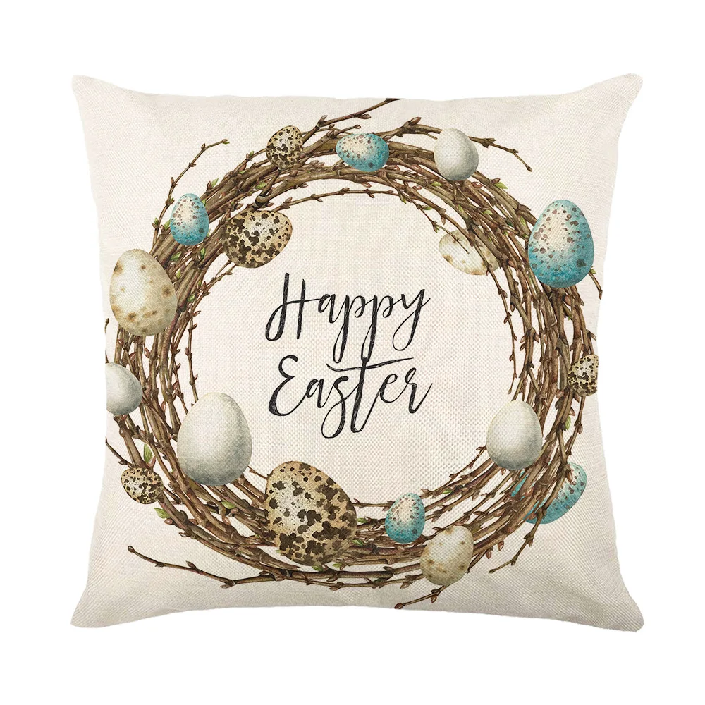 Spring Easter Home Decor Cushion Cover Flowers Bunny Eggs Printed Square Linen Throw Pillowcase