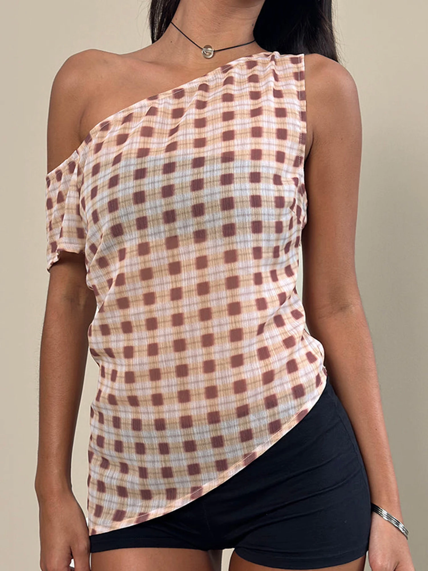 Women s Plaid One Shoulder Tank Top with Irregular Hem - Stylish Sleeveless Vest for Casual Wear