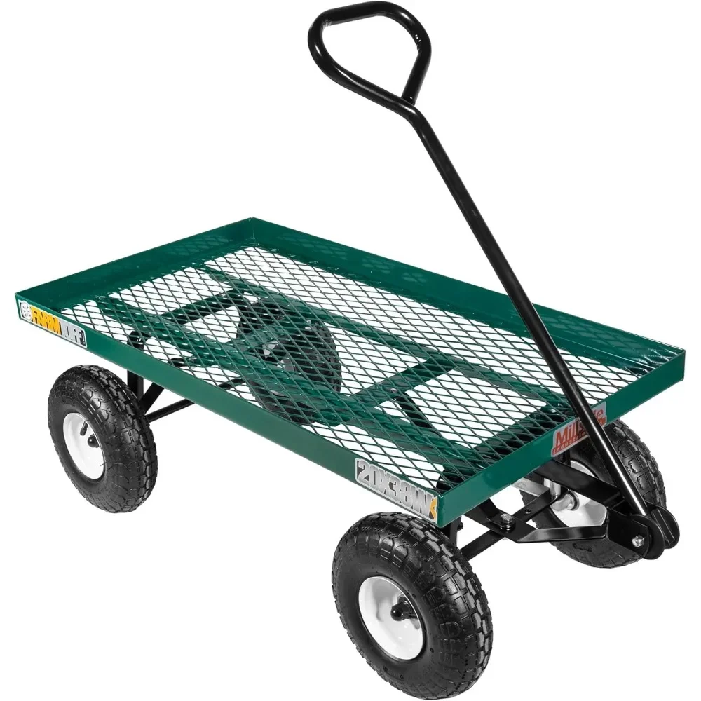 Green Garden Carts Durable Metal Deck Garden Wagon Utility Cart With Pneumatic Tires for Outdoor Hauling Cargo Trolleys