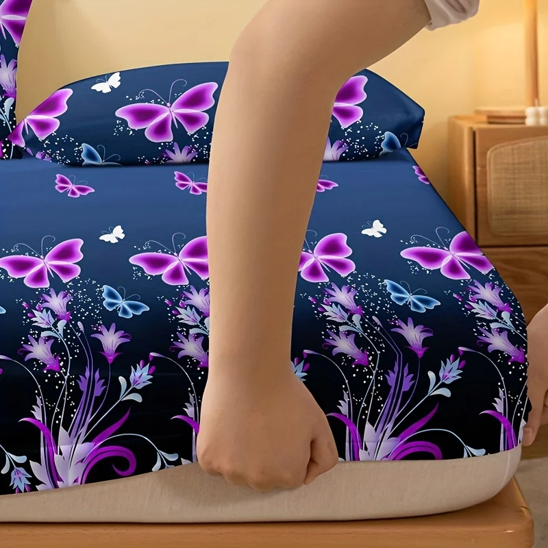 Brushed Fitted Sheet Soft Comfortable Butterfly Floral Print Bedding Fitted Sheet For Bedroom Guest Room With Deep Pocket 4