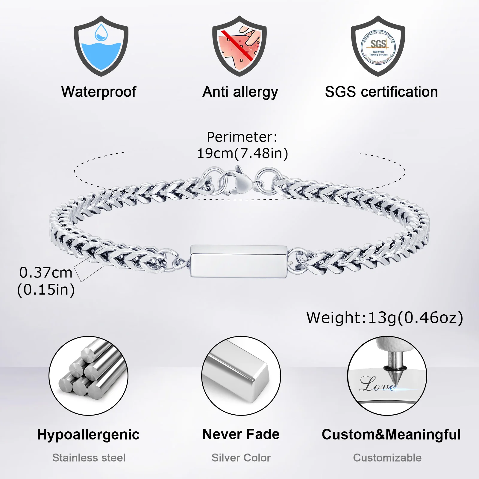 VNOX Men's Two-Tone Link Bracelet – Stainless Steel, Adjustable, 12mm Width, Personalized Engraving Option - View #4