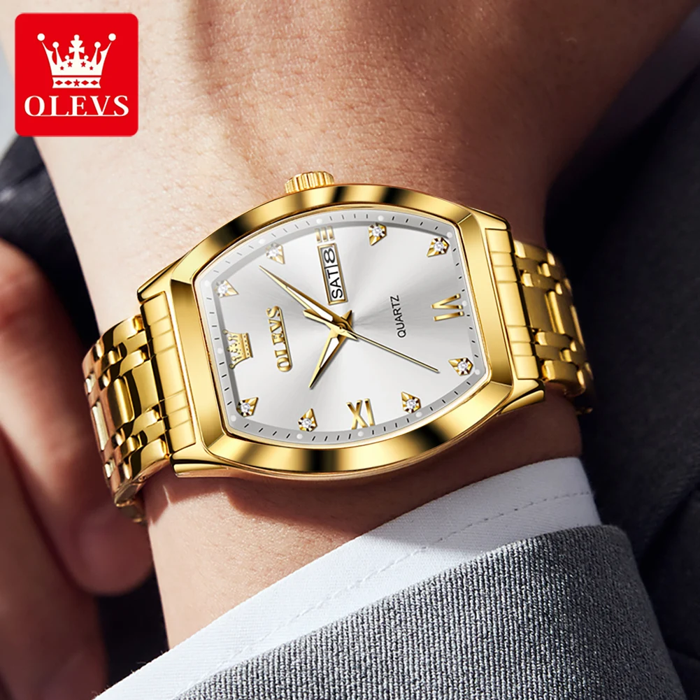 OLEVS Quartz Watch for Men Luxury Diamond Elegant Stainless Steel Waterproof Luminous TOP Brand Tonneau Dial Mens Wristwatch