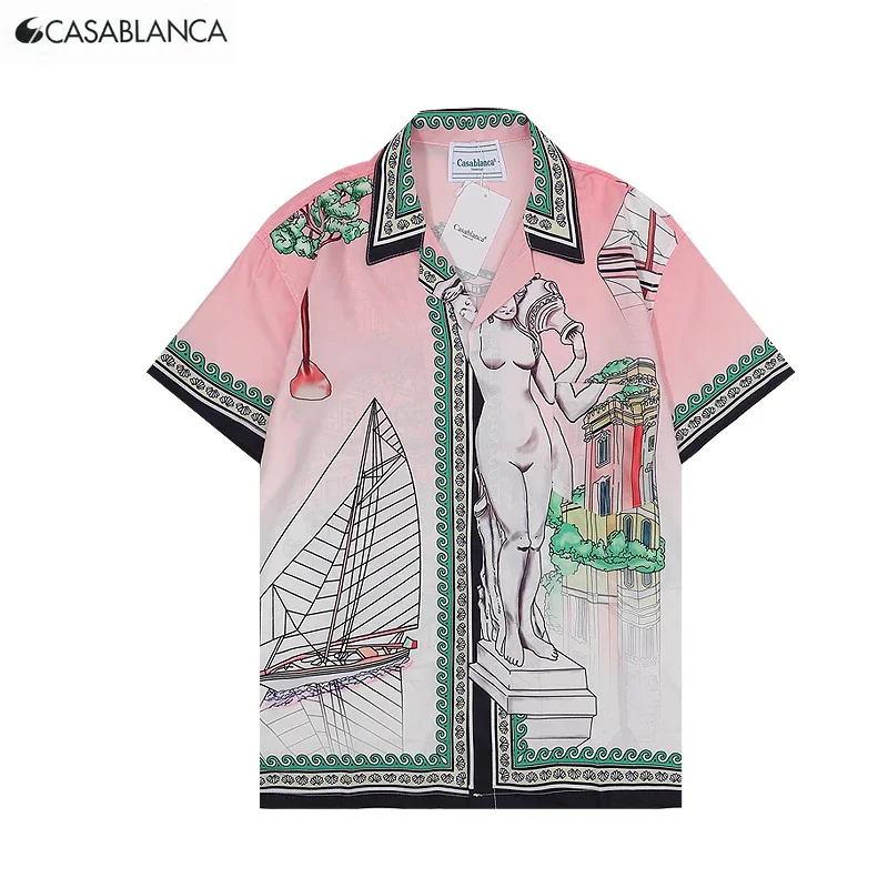 

CASABLANC Polyester Short Sleeve Artistic Elements Printing TEE Oversize Lapel Collar Stripe Men Women Thin Breathable Shirt