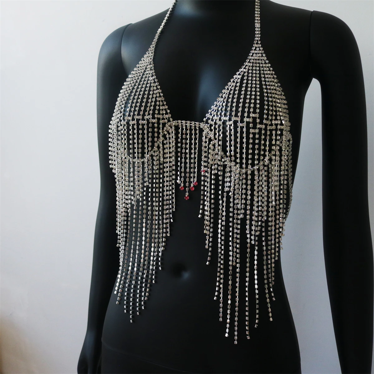 SummerBeachFashionBodyChainLongTasselRhinestoneChestChainforWomenShinySexyBikini