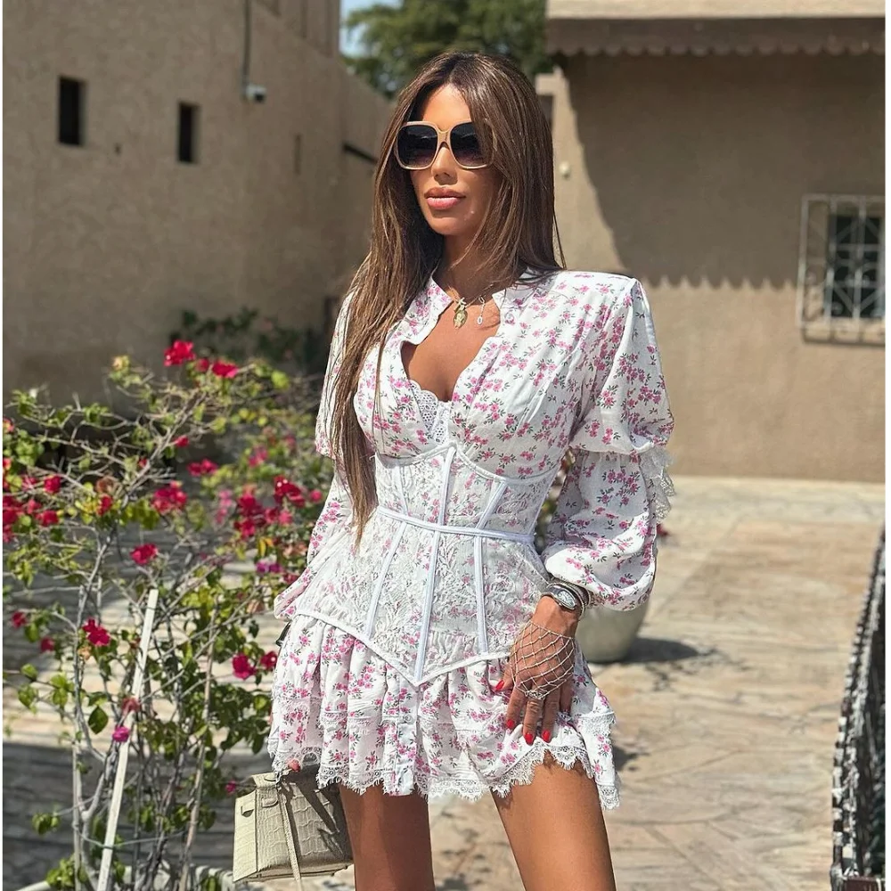 Fashion Printed Mini Dress V-Neck High Waist Short Dresses Ruffled Slim Fit Party Dress Summer 5