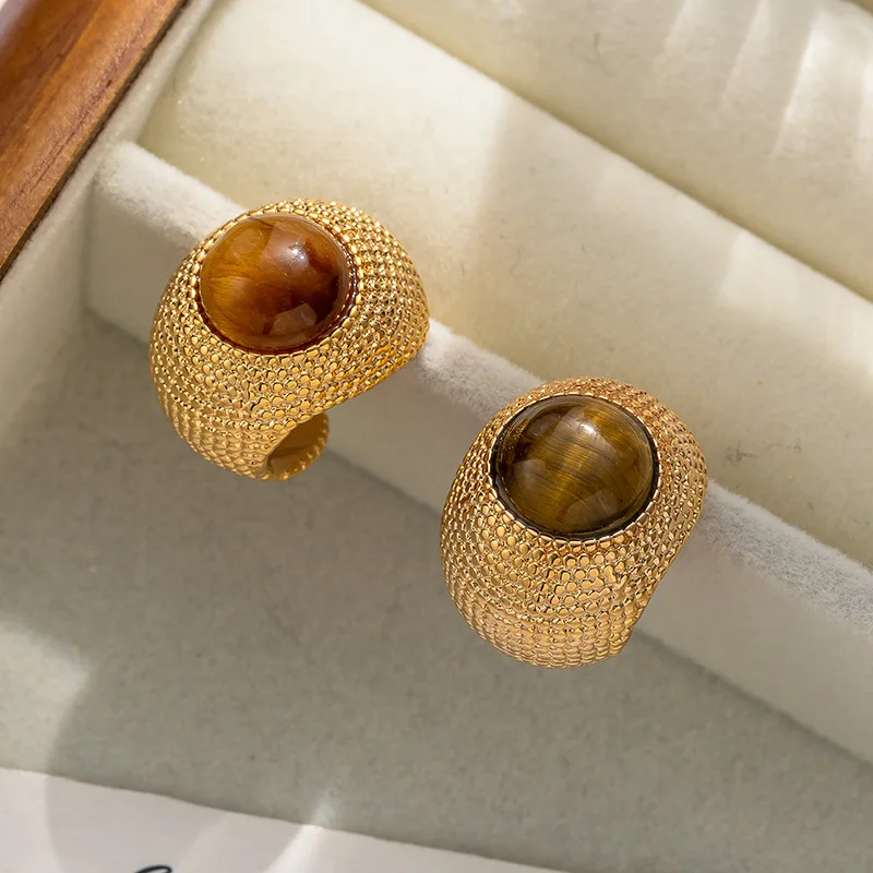 

Retro Elegant Vintage Tiger Eye Stone Gold Plated Brass Metal Stud Earrings For Women Girl Earring Female Jewelry Gift