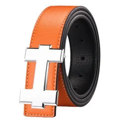 Fashionable Unisex Belt with Silver Smooth Buckle - High - Quality, Perfect - 125cm (Orange)