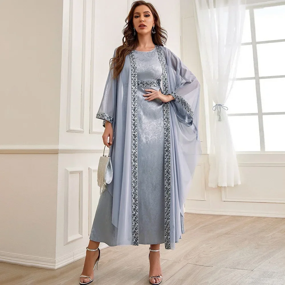 Elegant Muslim Abaya for Women Dress 2 Piece Set Embroidery Party Dresses Kimono Abayas Gown Saudi Arabic Dubai Kaftan Islamic