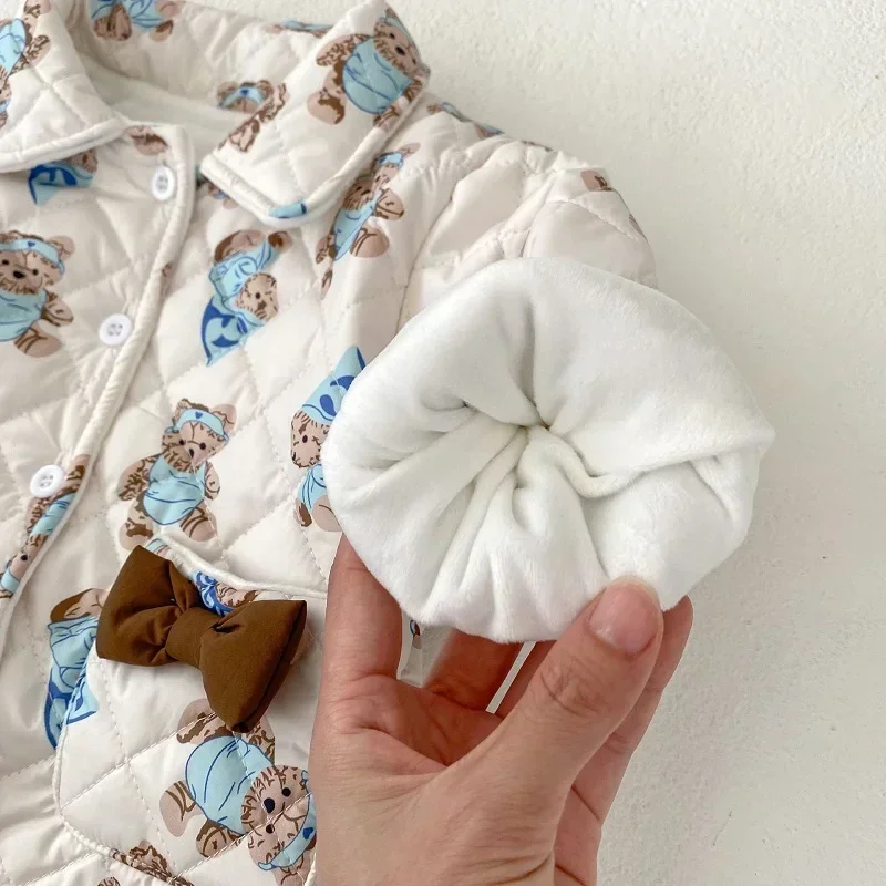 Winter Baby Girl Down Coat 0-3Years Newborn Kids Long Sleeve Cartoon Bear Bow Fleece Cardigan Thicken Warm Outwear Clothes