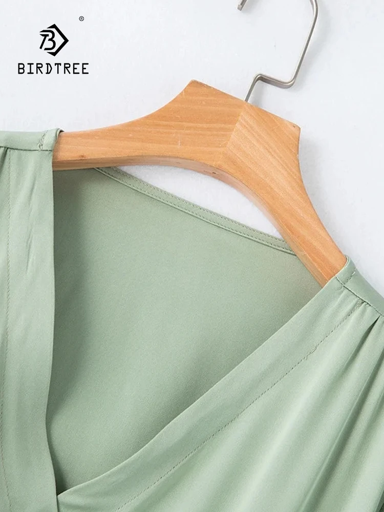

Birdtree V-Neck Long Sleeve,93% Silk 7% Spandex Simplicity Elegant Shirt,Solid Spring Autumn Summer Blouse For Women T30609QC