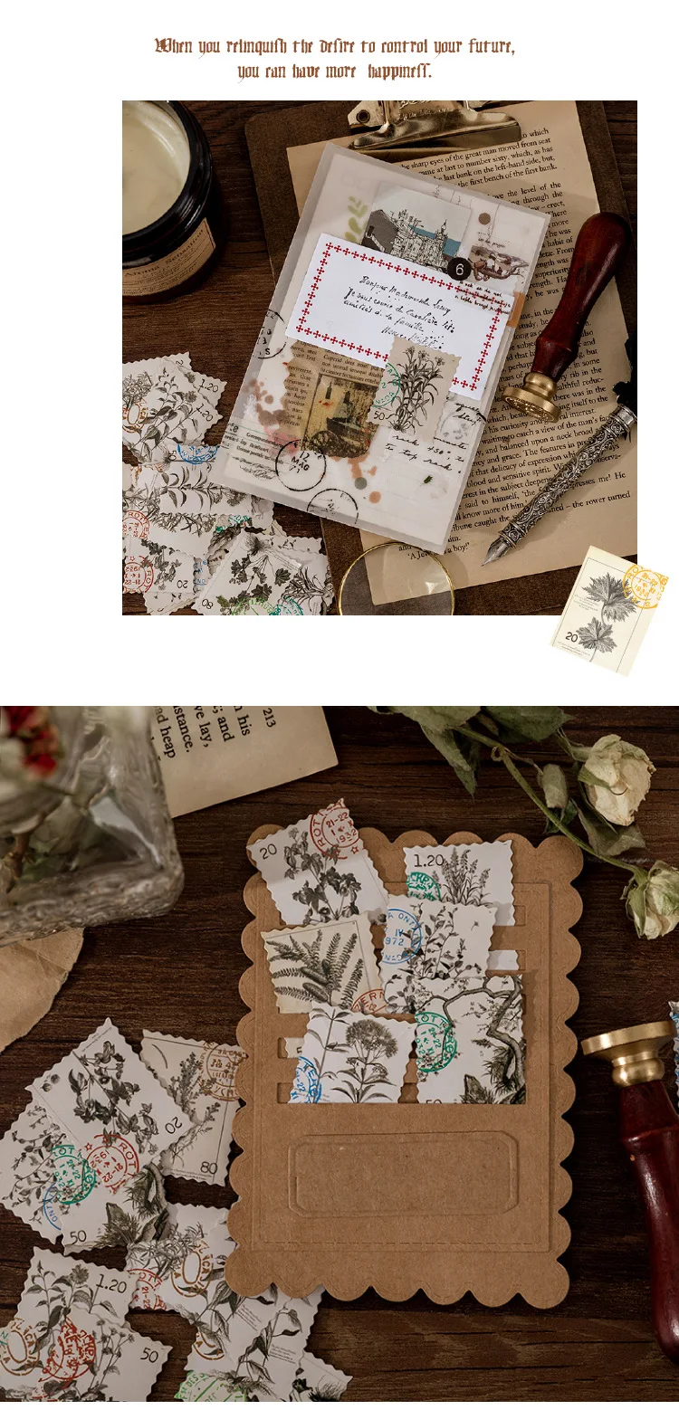 46PCS Vintage Sketchbook Stickers Retro Plant Stamps Creative Leaf Sealing Flakes Scrapbooking Girl School Supplies Stationery