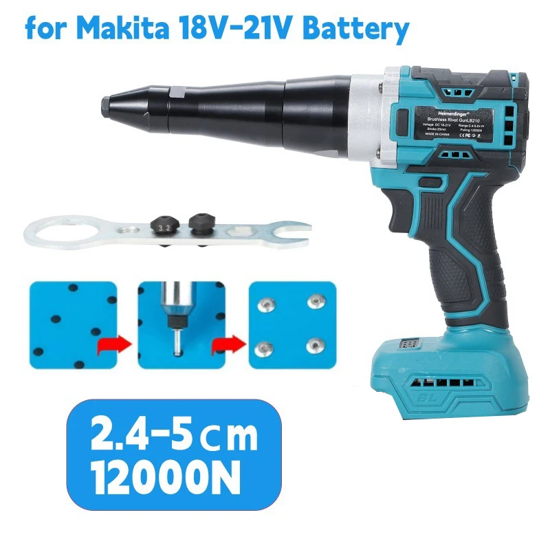 Pistolet à rivets sans brosse Heimerdinger sans fil, portée 2.4-5.0 cm, force de traction 12000N, avant/arrière, refroidissement multi-trous, sans batterie
