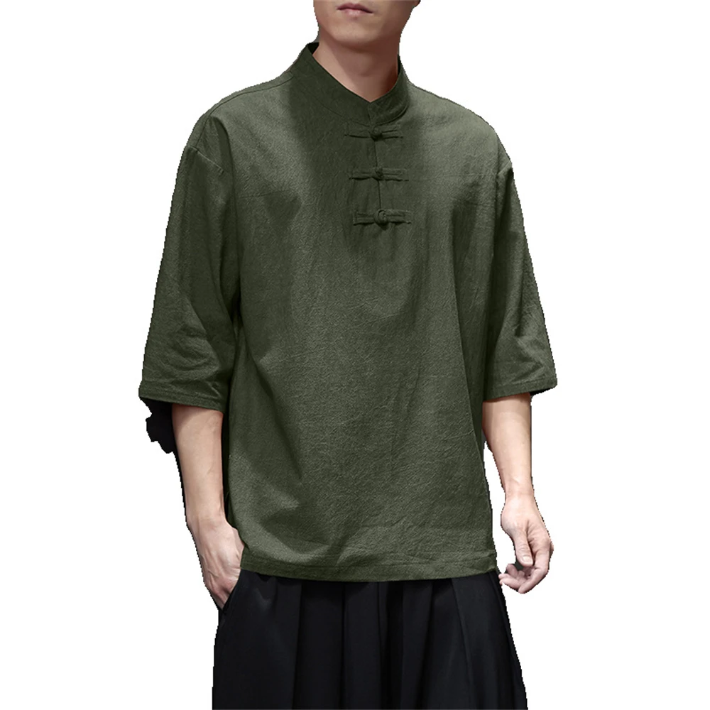 Men New Disc Buckle Cotton Linen Hanfu Tops Chinese Style Plus Size Fashion Casual T-shirt Male Loose Breathable Pullover