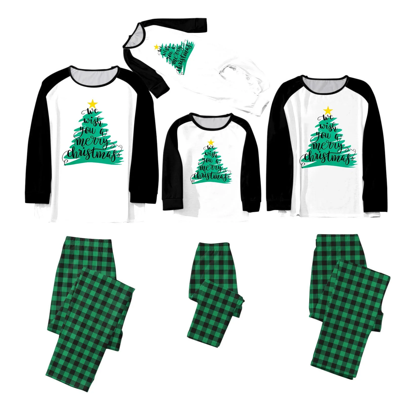 thumbnail image 1 of Pijamas a juego para toda la familia, camisetas de manga larga con estampado de árbol de Navidad y pantalones a cuadros verdes, ropa de dormir para adultos y niños, conjuntos de atuendos, 1 of 5